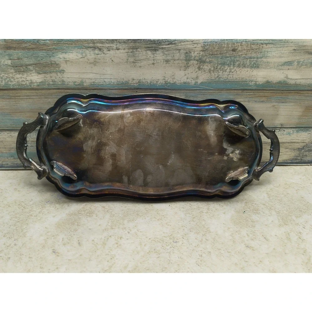 Antique‎ Leonard Serving Tray Footed Handles Silverplate Patina Aged Vintage